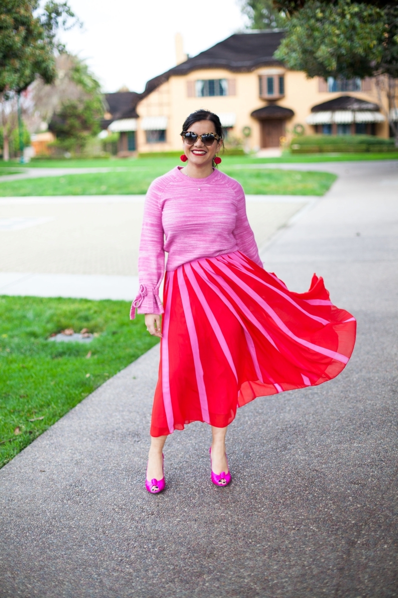 spring outfit woman pink blouse liquid red skirt fuschia shoes
