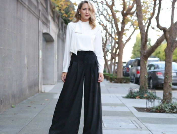 blouse blanche pantalon habillé femme taille haute noir
