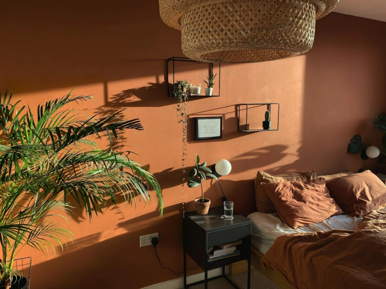 chambre zen cocooning couleur terre cuite linge de lit palmier d interieur
