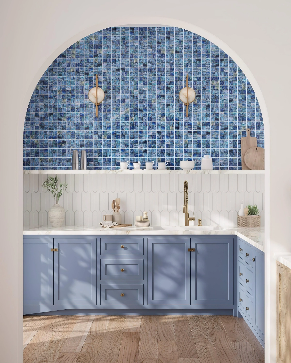 credence cuisine blanc et bleu carreaux mosaique sol bois comptoir blanc