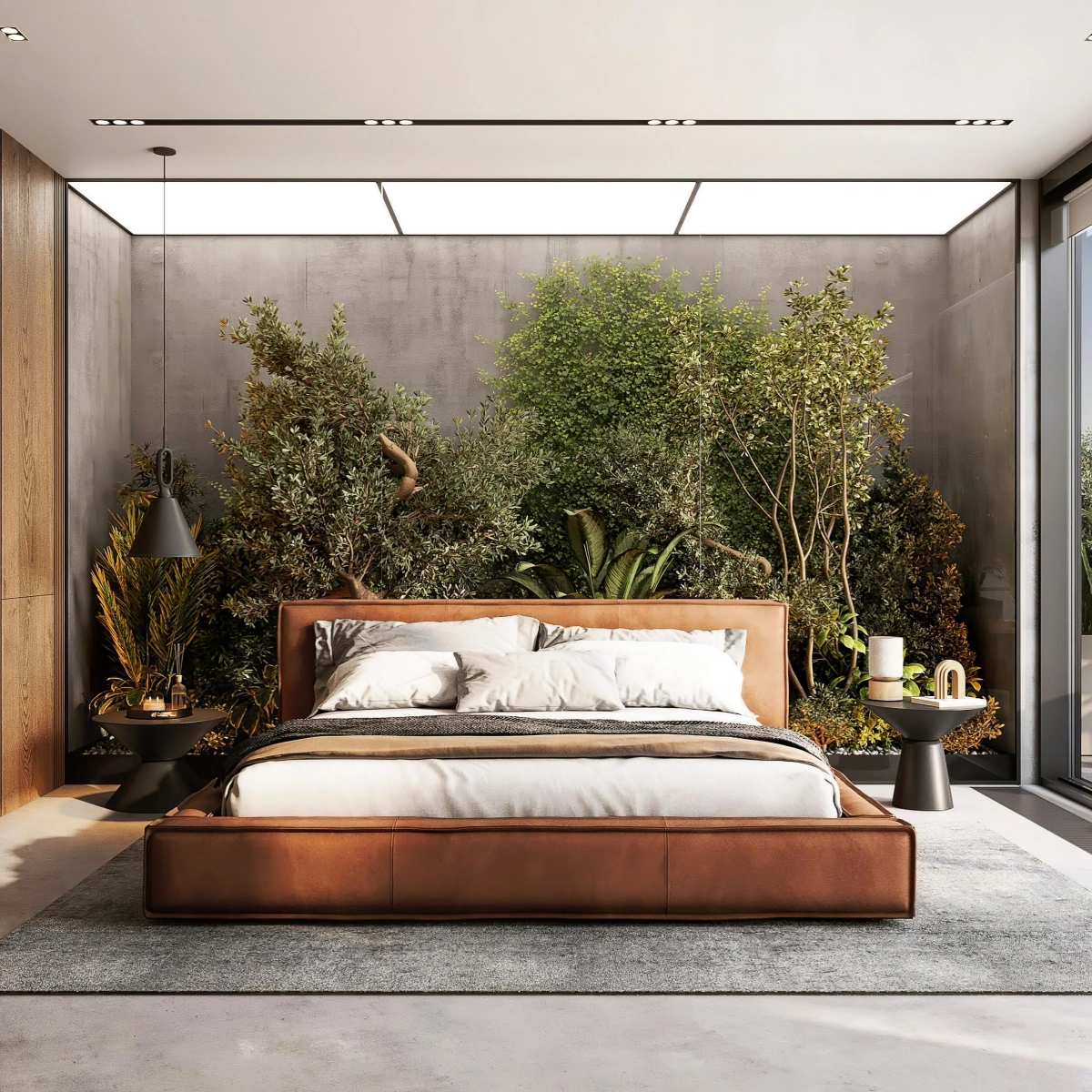 mur gris eclairage moderne cadre lit cuir marron plancher effet beton cire