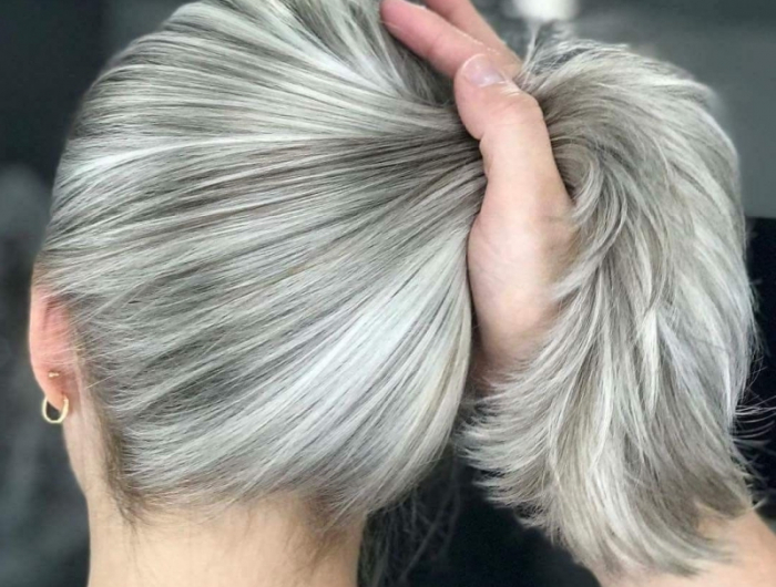 transition couleur cheveux blancs sous couches meches noires