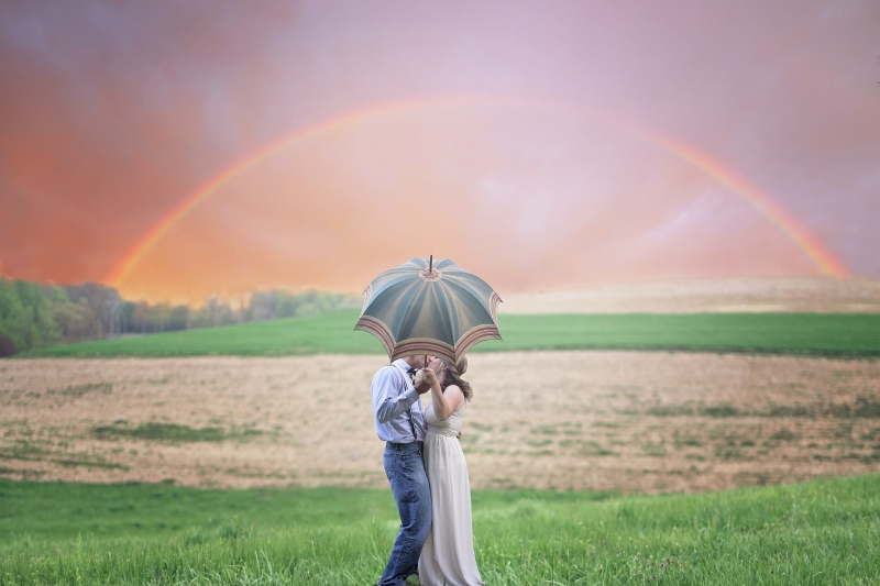 rainbow nature farm couple girl wedding dress