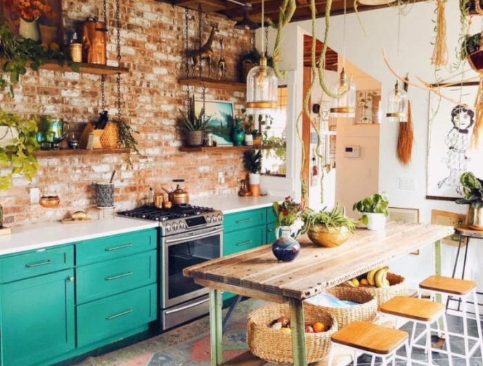 cuisine exterieur boheme armoires de cuisine en turquoise mur en briques