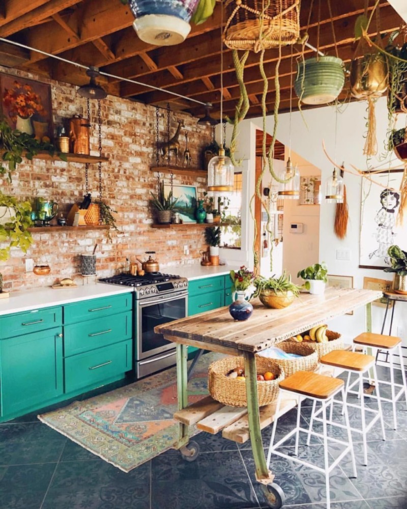 bohemian outdoor kitchen turquoise kitchen cabinets brick wall