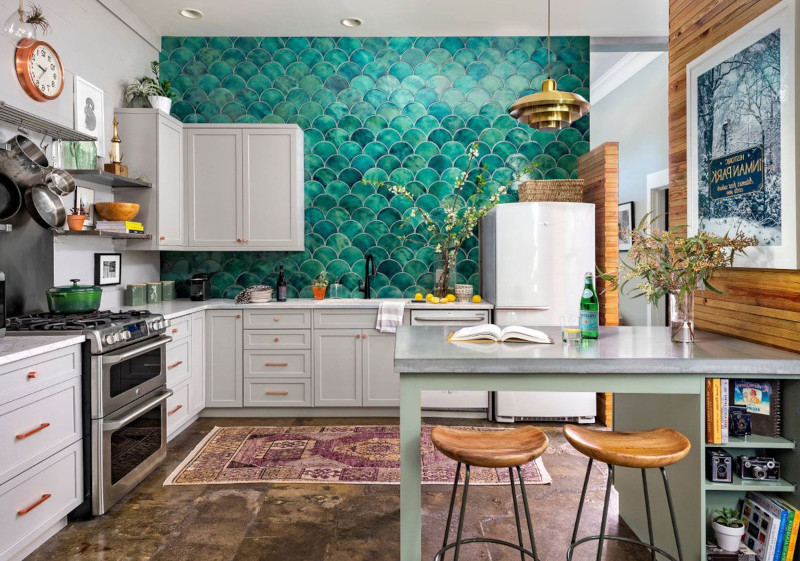 kitchen tiles in bohemian chic style in turquoise blue on the wall