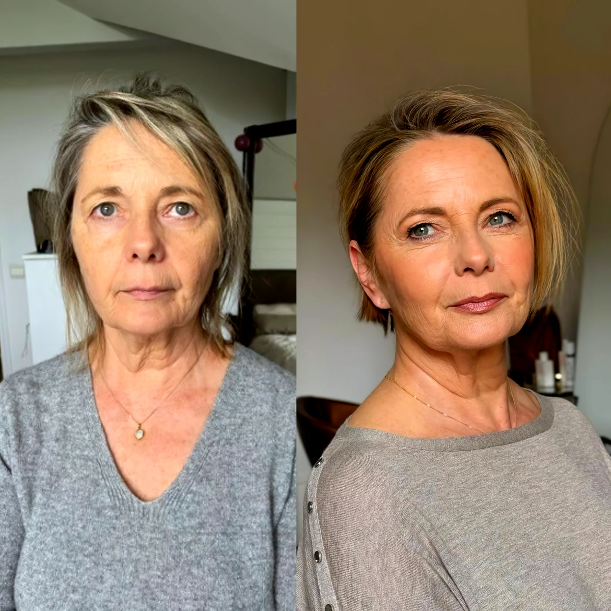 photo avant et apres coupe de cheveux fins femme 60 ans