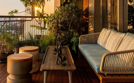 terrasse amenagee meubles en bois et rotin plantes