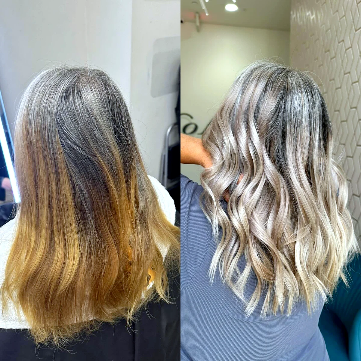 avant et apres balayge inverse sur cheveux gris femme