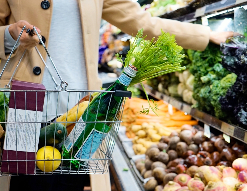 beige coat shopping groceries food vegetables fruits