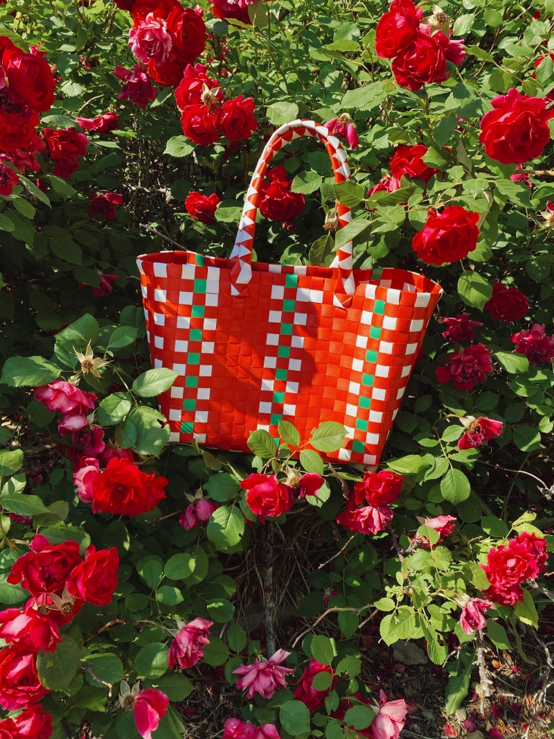 sac cabas rouge tresse arbuste fleurs rouges rosiers jardin