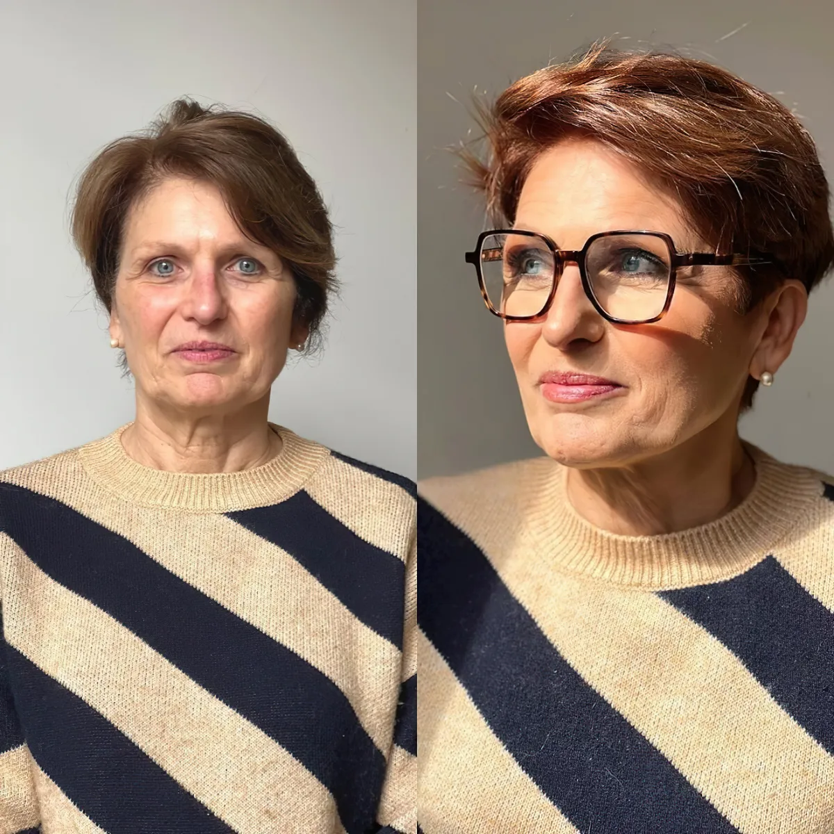 transformation des cheveux effet rajeunissant femme avec lunettes