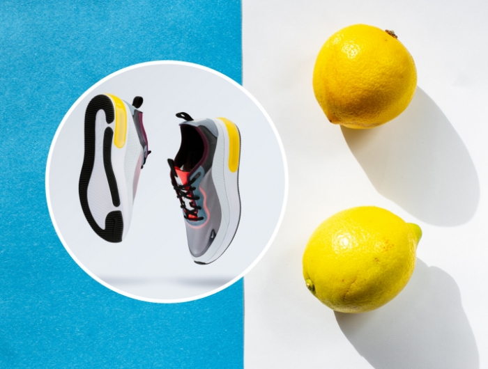 baskets chaussures couleurs tendance citrons fond bleu et blanc