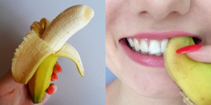 comment blanchir ses dents à la maison femme frottant ses dents de peau de banane