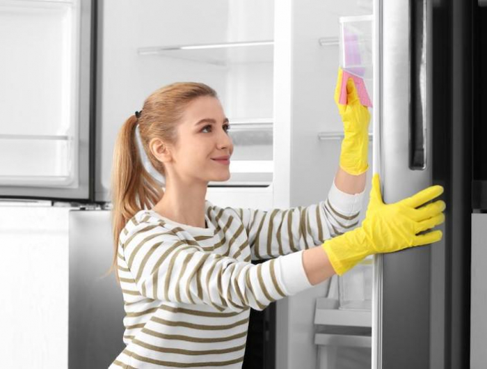 comment nettoyer le caoutchouc du frigo femme au gangs jaunes essuie le caoutchouc