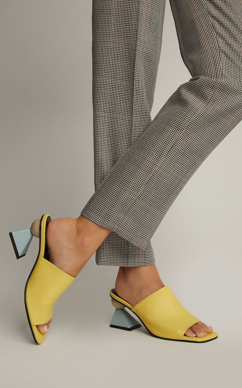 how do you wear mules to the office yellow summer shoes and gray pants