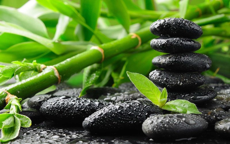 galets noirs et canne de bambou vert pour une ambiance zen