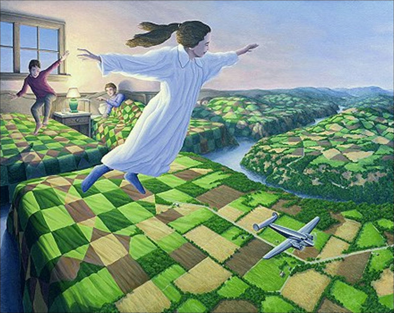 illusion fille volante sur des champs verts