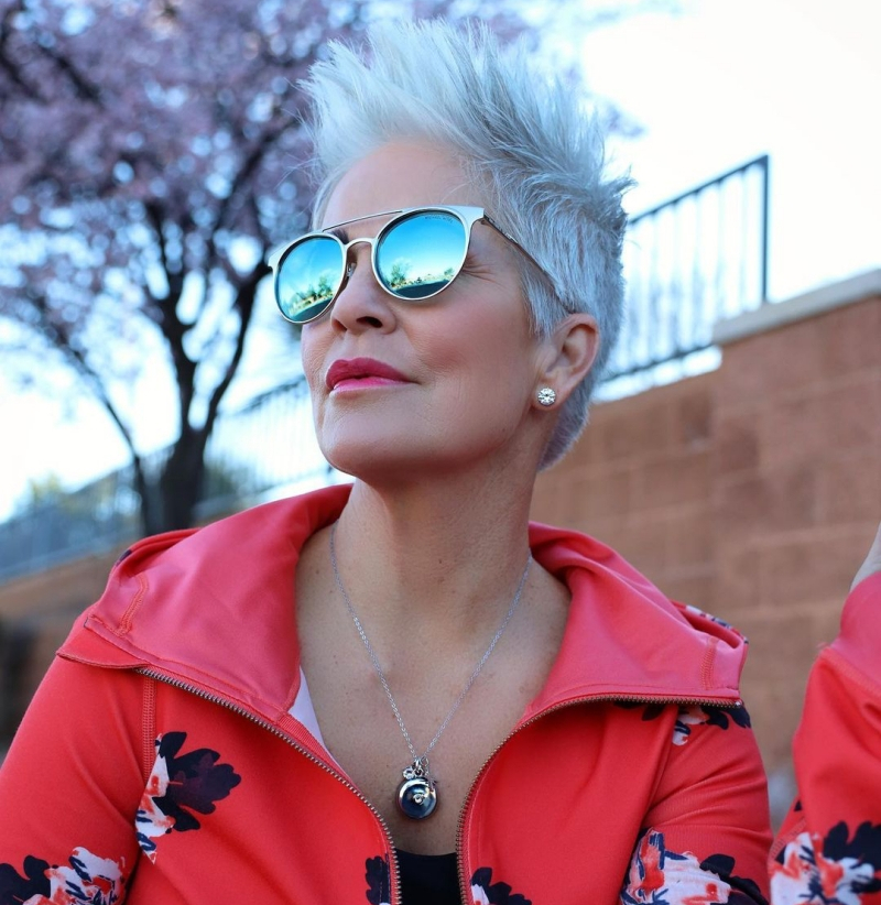 Hairstyle mirror volume pixie sunglasses on top lacquer