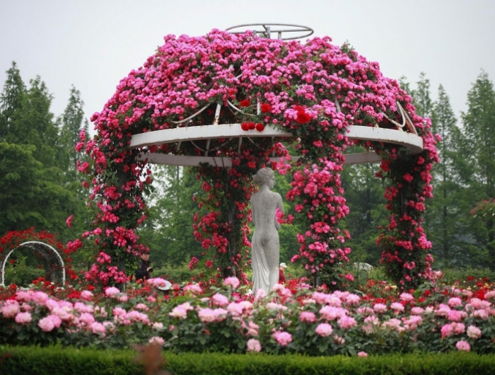 massif de fleurs plein soleil arc construction statue jardin gazon