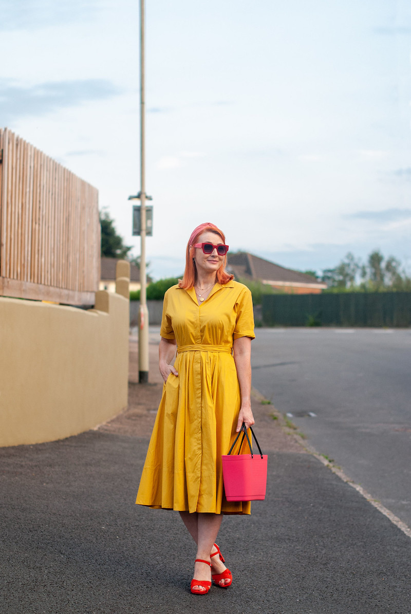 vintage dress elegant outfit look woman 50 years modern mustard yellow color