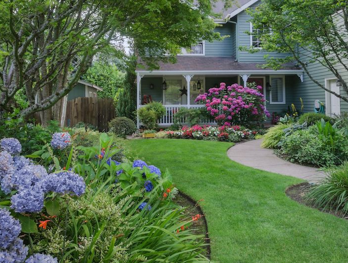 un jardin devant une maison pelouse verte et boules de fleur mauve