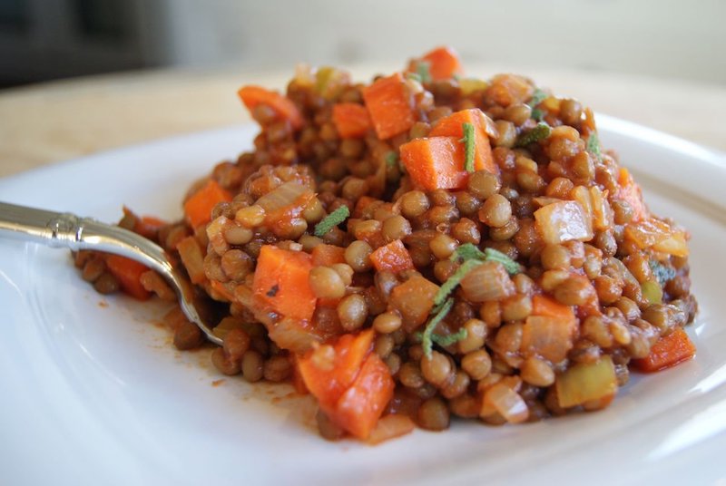 quels sont les aliments qui peuvent remplacer la viande plat aux lentilles avec carottes et oignon en assiette blanche