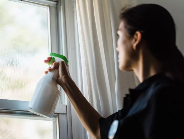 astuce pour nettoyer les vitres lumiere soleil rideaux femme pulverisateur
