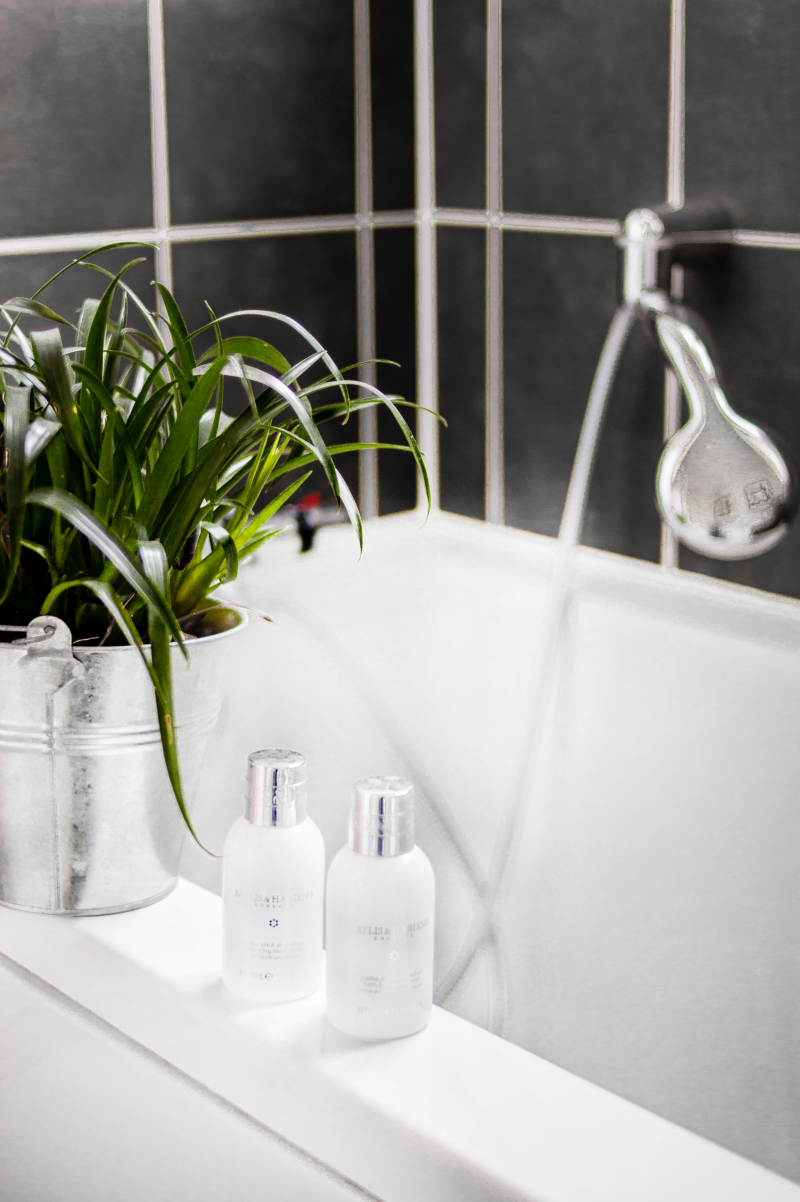 baignoire carrelage gris anthracite accessoires salle de bain plante