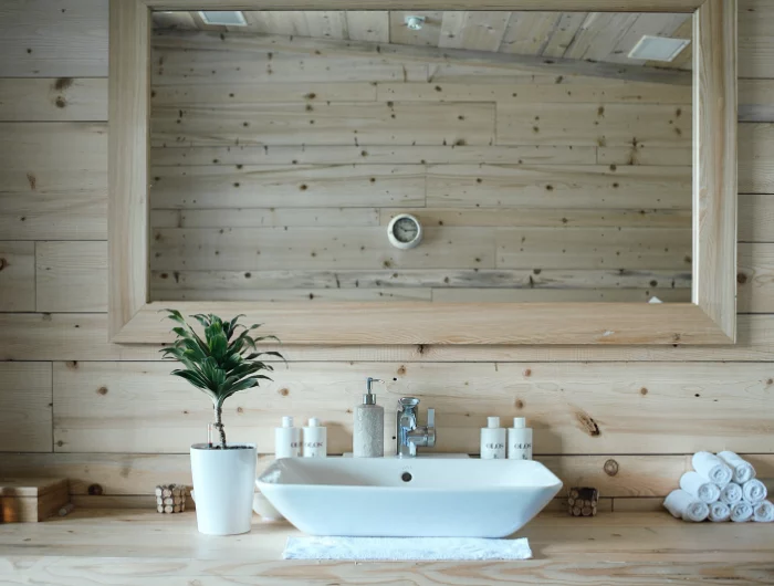 batch revetement salle de bain panneaux bois cadre miroir rectangulaire