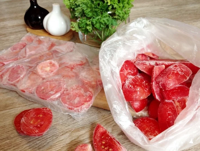 comment congeler des tomates tomates coupees et congelees sac de congelations coriandre sel et poivre sur une table ne bois