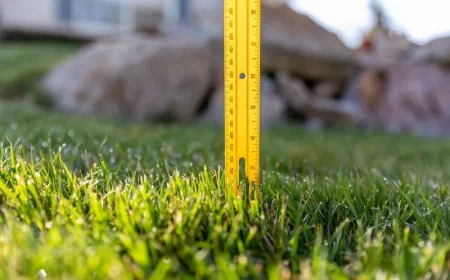 comment couper de l herbe tres haute un gazon vert avec un mètre jaune