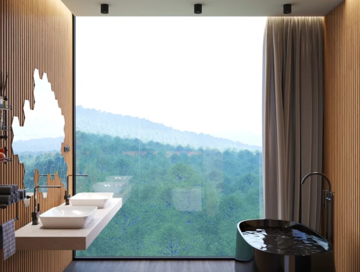 design salle de bain contemporaine eclairage noir mat mur bois