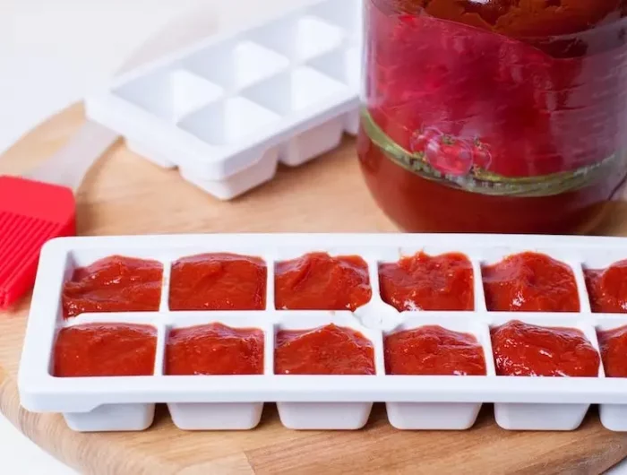 forme de glacons blanches et puree de tomates rouges dedans sur une blanche ne bois bocal en verre