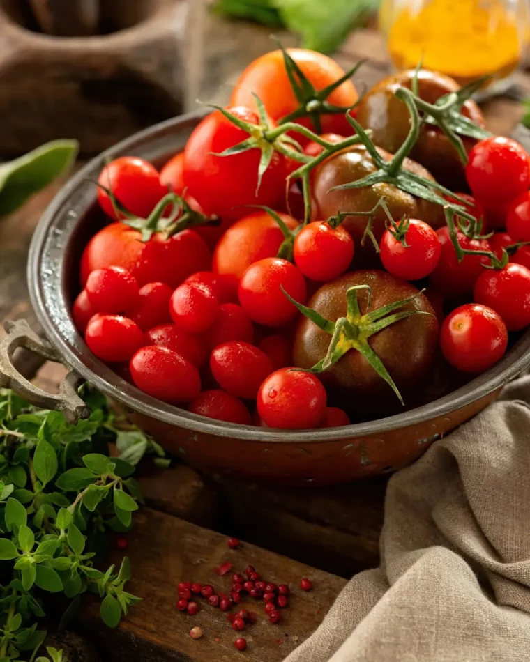 grand bol en aluminium plein de tomates cerises et grosses tomates