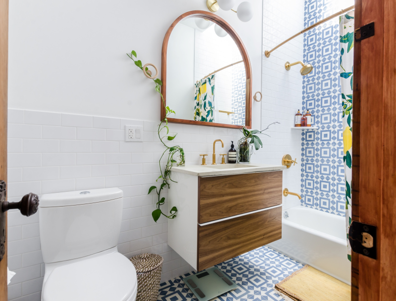 miroir cadre bois plante verte salle de bain sous vasque meuble bois