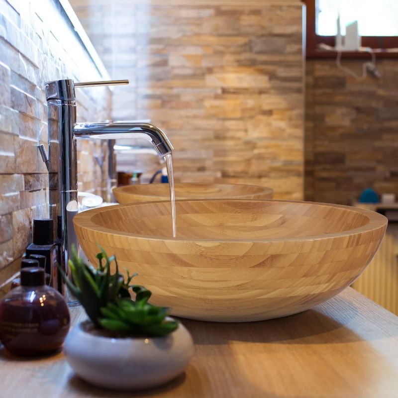 modele salle de bain zen bambou avec plan de travail et vasque bambou
