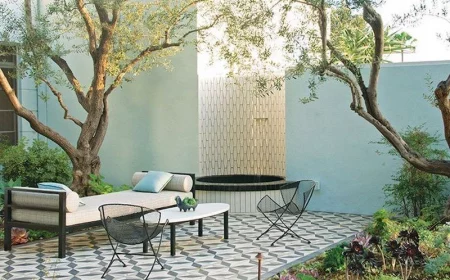 nettoyage terrasse carrelage une terrasse design avec du carlegae graphique des arbres une table et des chaises