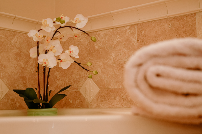 orchidee dans la salle de bain carrelage beige serviette de bain
