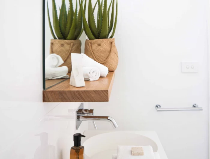 rangement salle de bain etagere bois plante verte accessoires de bain