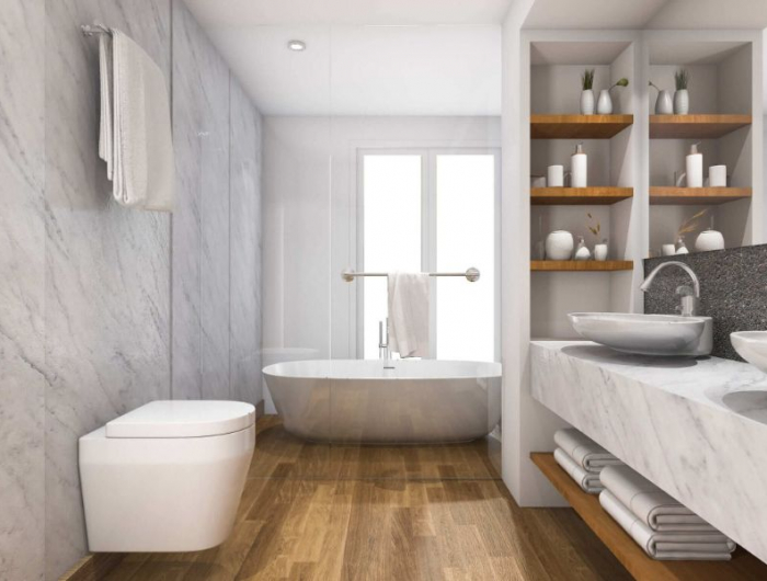 salle de bain grise et blanche zen avec parquet bois vasque et toilette blanche zen étagère salle de bain bois