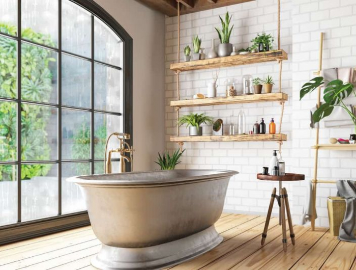salle de bain nature avec parquet bambou étagère et deco de bois