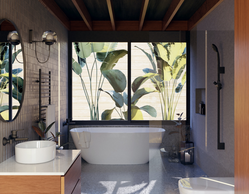 salle de bain zen meuble lavabo bois miroir rond robinet mat carrelage