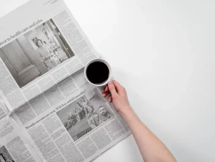 tasse de cafe main papier journal page blanc et noir photo