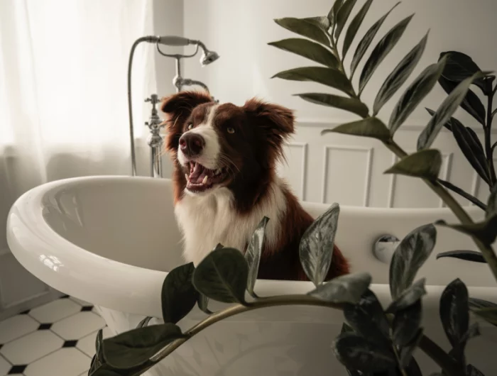 zz plante chien baignoire autoportante carrelage blanc deco salle de bain
