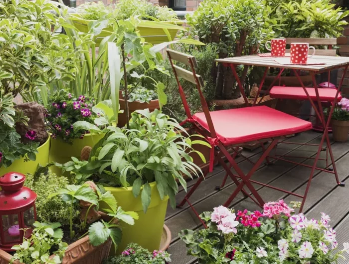 aménagement terrasse balcon avec des pots de fleurs chaises et table plantation autour d une terrasse