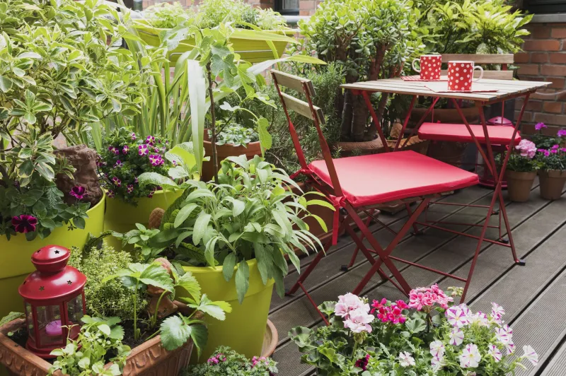 aménagement terrasse balcon avec des pots de fleurs chaises et table plantation autour d une terrasse