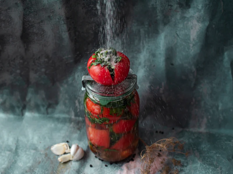 conserve de tomates sans sterlisation une image d'une tomate avec du sel et de leau