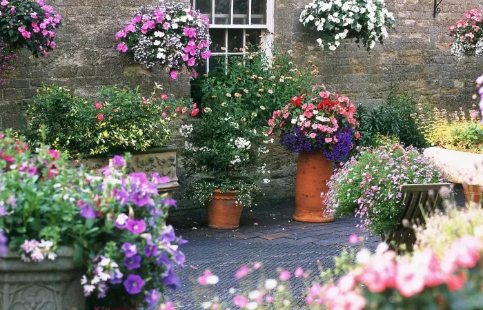 deco pot de fleur exterieur plantes colorés et fleurs suspendues terrase fleurie