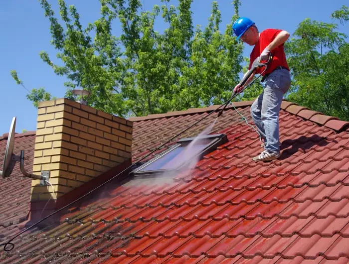 excrément de fouine un homme qui pulverise le toit de la maison